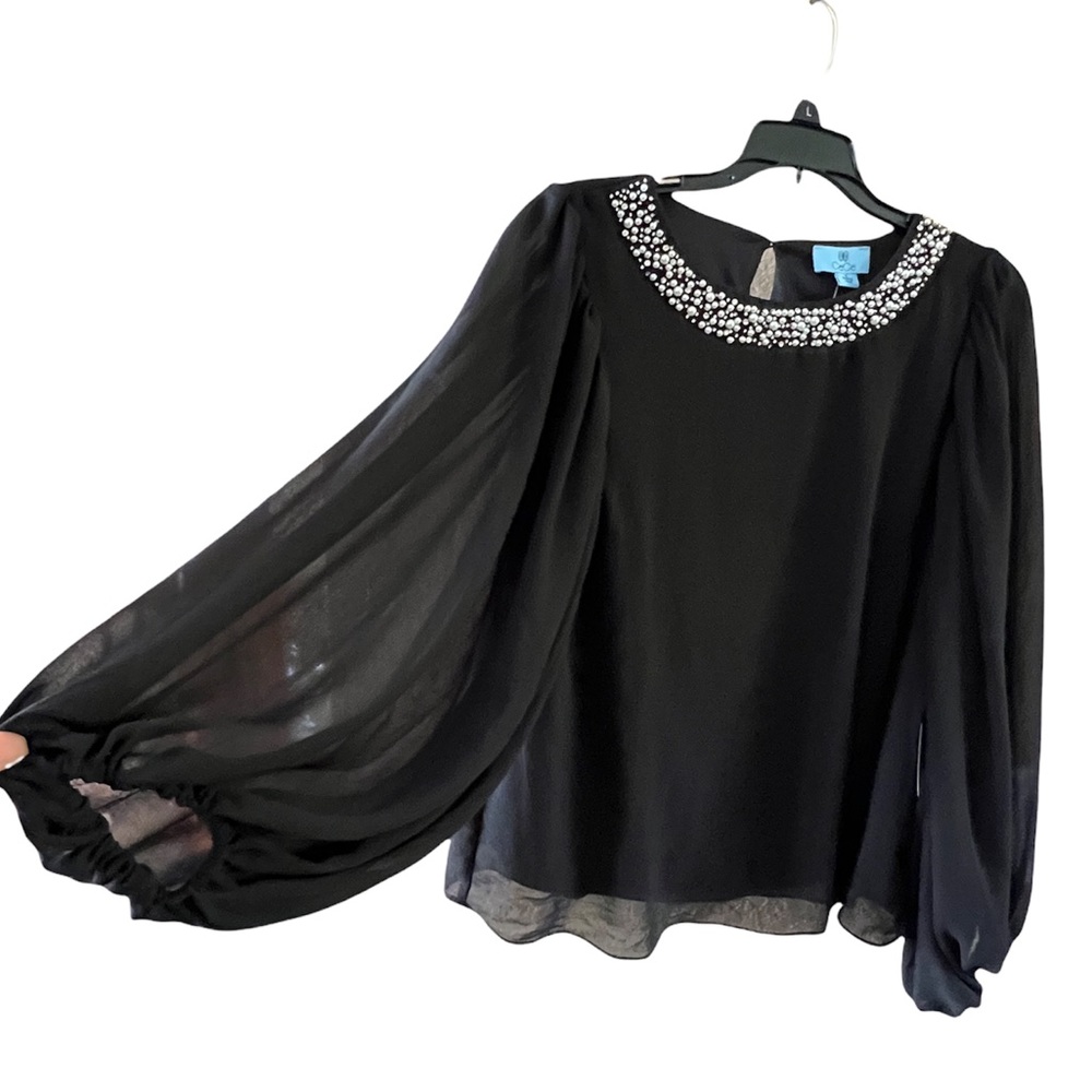 Cece blouse pearl, rhinestones& beads collar balloon long sleeves black …